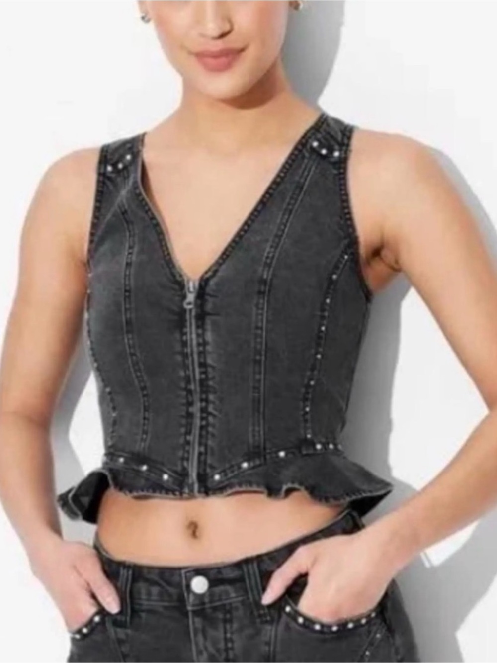 NWT Black Washed Denim Zip Up Studded Ruffle Peplum Vest